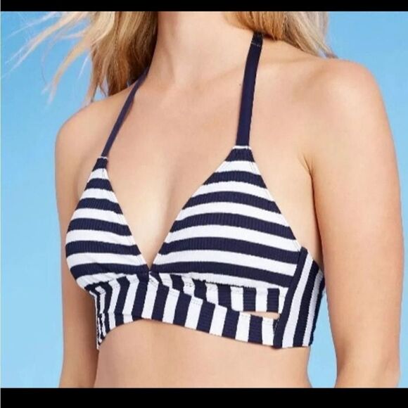 Kona Sol Women's Removable Bra Pads Navy Stripes Halter Bikini Top - Picture 1 of 3